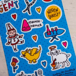 blauw vel met stickers rond thema Gent