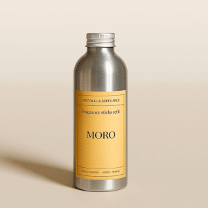 metalen flesje met gele sticker navulling geurstokjes moro