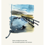 troostkaartje met aquareltekening van Isabelle Van Brussel en de tekst 'Soms eindigt het pad niet, het verandert gewoon van horizon'