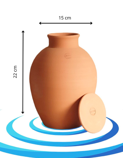 olla Lutton 2,5 l olla in terracotta met deksel ernaast in een illustratie met de afmetingen erbij